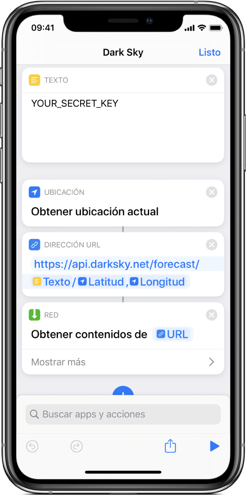 Una acción "Obtener ubicación actual" entre la acción Texto y la acción Dirección URL en el atajo de solicitud de API de Dark Sky