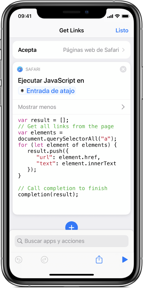 La acción "Ejecutar JavaScript en página web" en el editor de atajos.