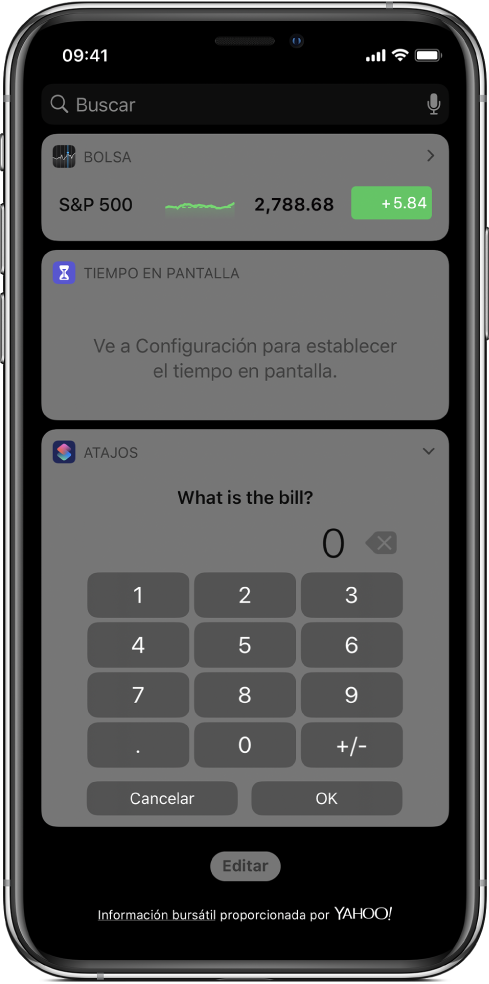 Teclado numérico en el widget de Atajos en la vista Hoy