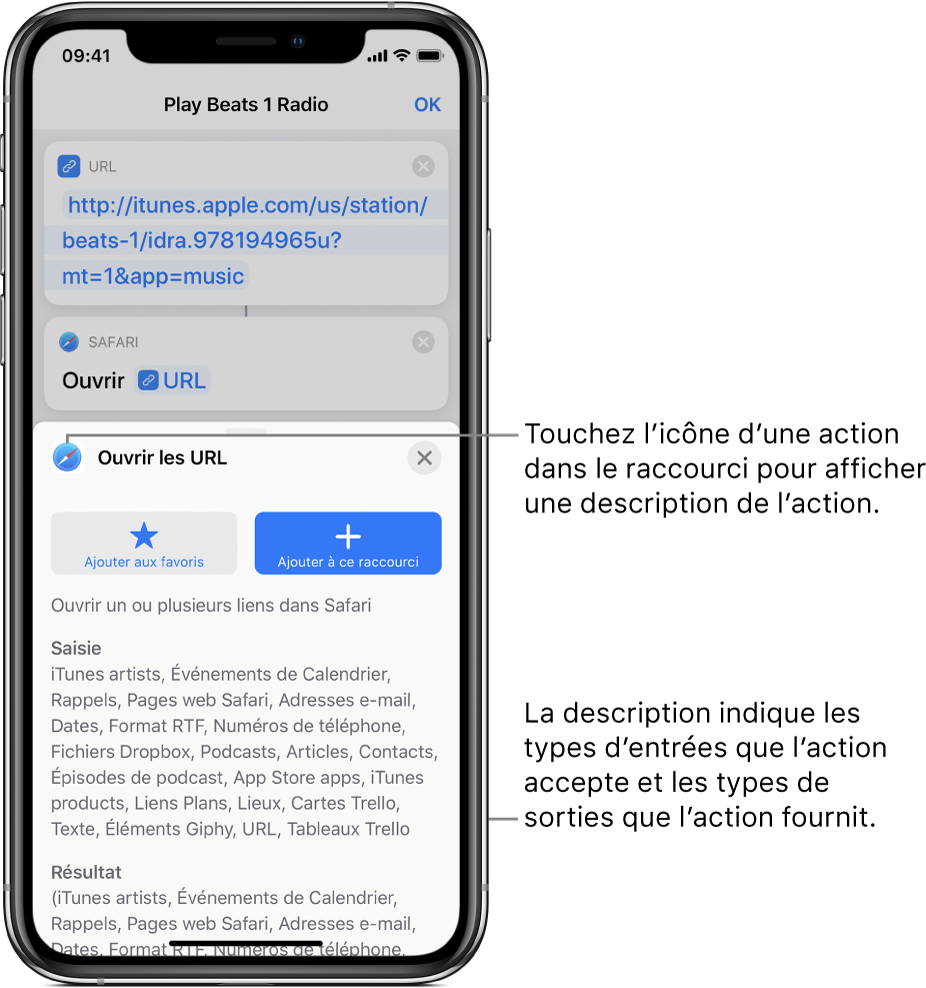 Éditeur de raccourci montrant une description de l’action Ouvrir les URL.