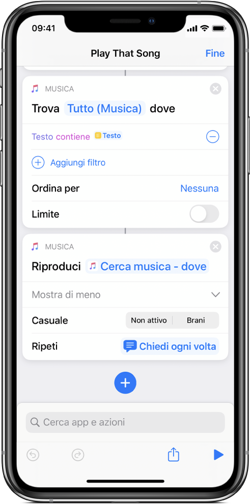 La variabile “Chiedi sempre” sostituisce i parametri di ripetizione nell'azione “Riproduci musica” nell'editor di comandi rapidi.