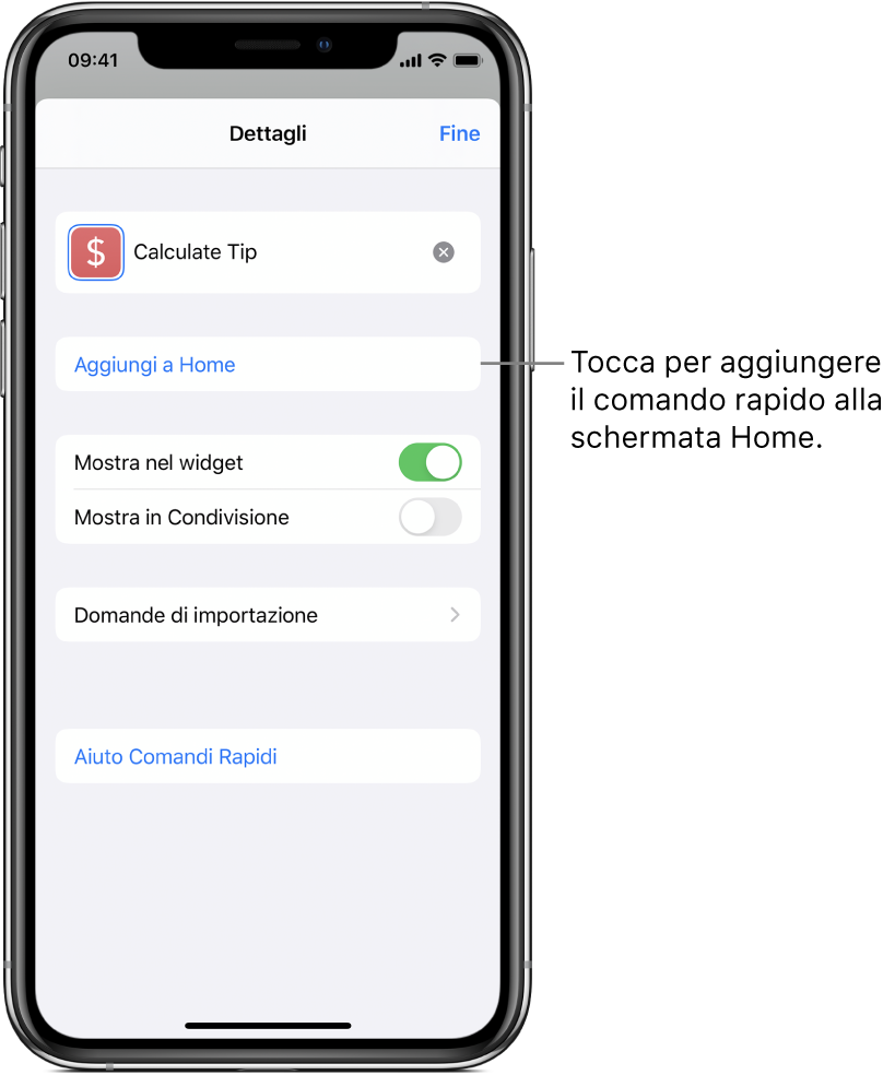 La schermata Dettagli nell'app Comandi Rapidi che mostra “Aggiungi alla schermata Home”.