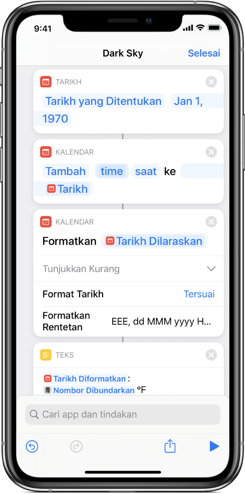 Tindakan Formatkan Tarikh dengan Formatkan Rentetan tersuai, dalam editor pintasan.