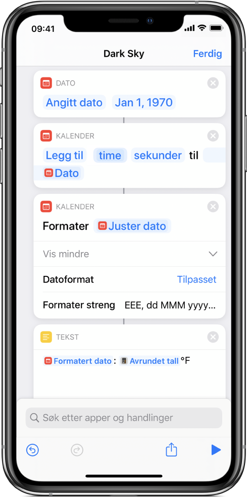 Formater dato-handling med en tilpasset formatstreng i snarveisredigereren.