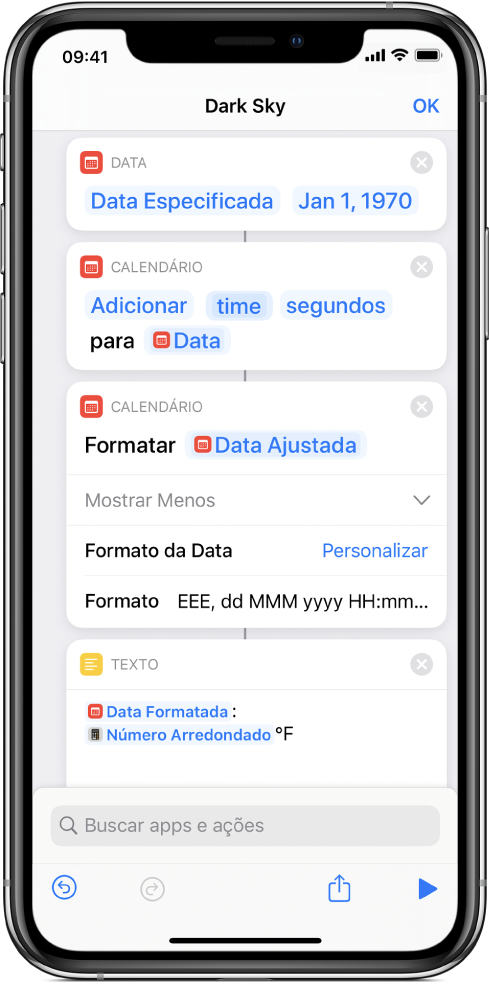 Ação Formatar Data com Formatar String personalizado no editor de atalhos.