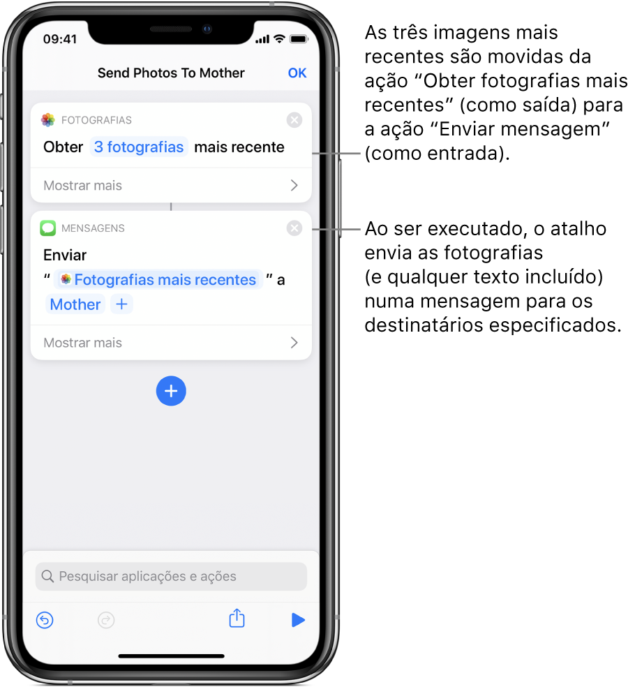 Atalho com uma ação “Obter fotografias mais recentes” e uma ação “Enviar mensagem“.