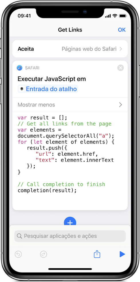 A ação “Executar JavaScript na página web” no editor de atalhos.