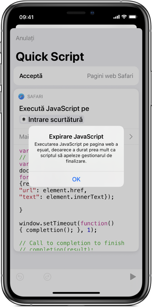 Editorul de scurtături afișând un mesaj de eroare Expirare JavaScript.