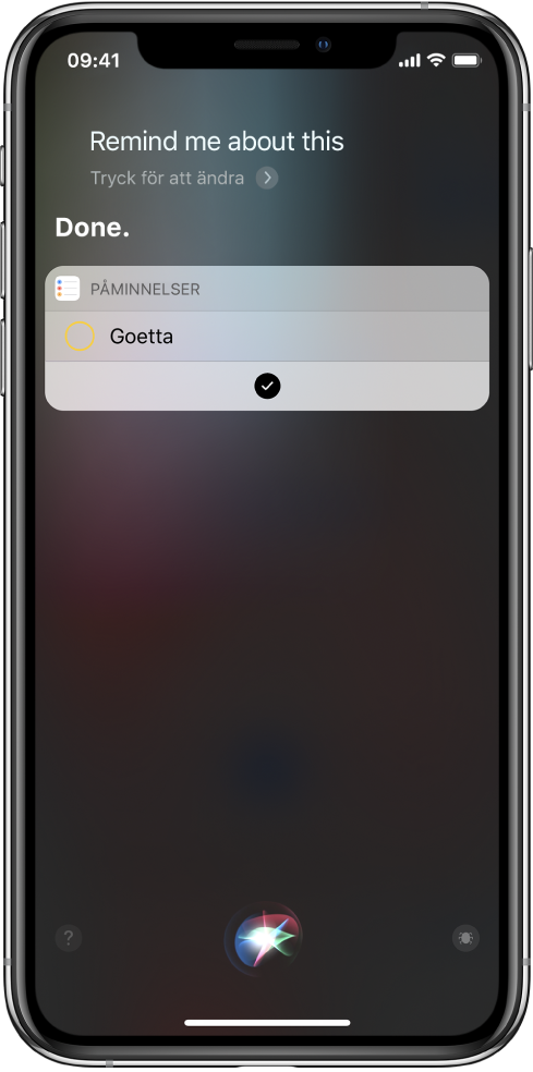 Siri-skärm som visar att en genväg har lagts till bland dina påminnelser.