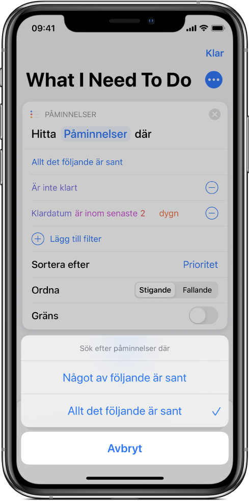 Sök efter påminnelser-åtgärd som visar ”Allt det följande är sant"-alternativen.