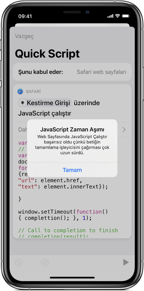 JavaScript Zaman Aşımı hata mesajının gösterildiği kestirme düzenleyicisi.