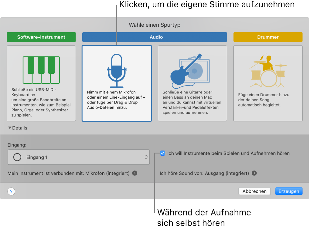 GarageBand-Instrumentbereich mit Taste zur Stimmaufzeichnung und Wiedergabe während der Aufnahme