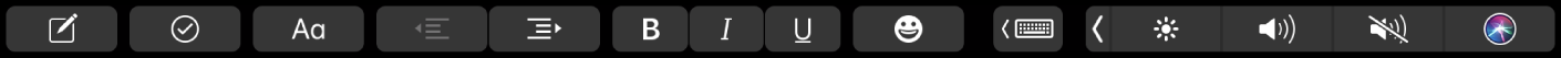 Die Notizen-Touch Bar mit Tasten für die Textformatierung Die Formatierungsoptionen umfassen die Ausrichtung nach links oder rechts, fette und kursive Schrift sowie Unterstreichen. Außerdem gibt es eine Taste zum Anzeigen von Schreibvorschlägen.
