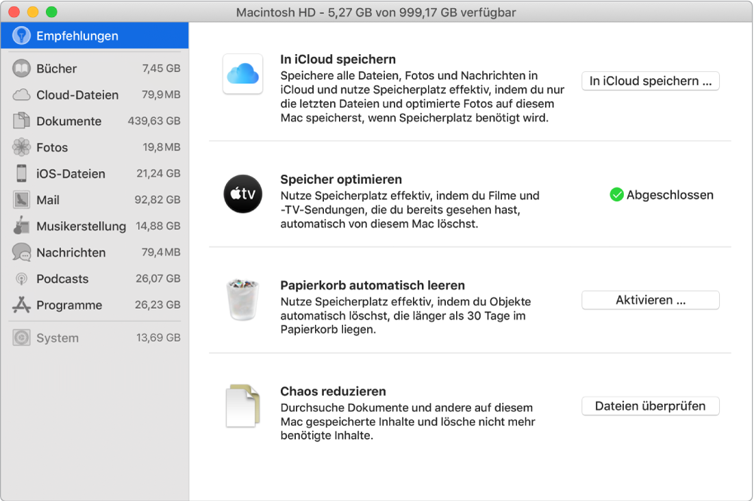 Der Bereich „Empfehlungen“ für den Speicher mit den Optionen „In iCloud speichern“, „Speicher optimieren“, „Papierkorb automatisch löschen“ und „Chaos reduzieren“.