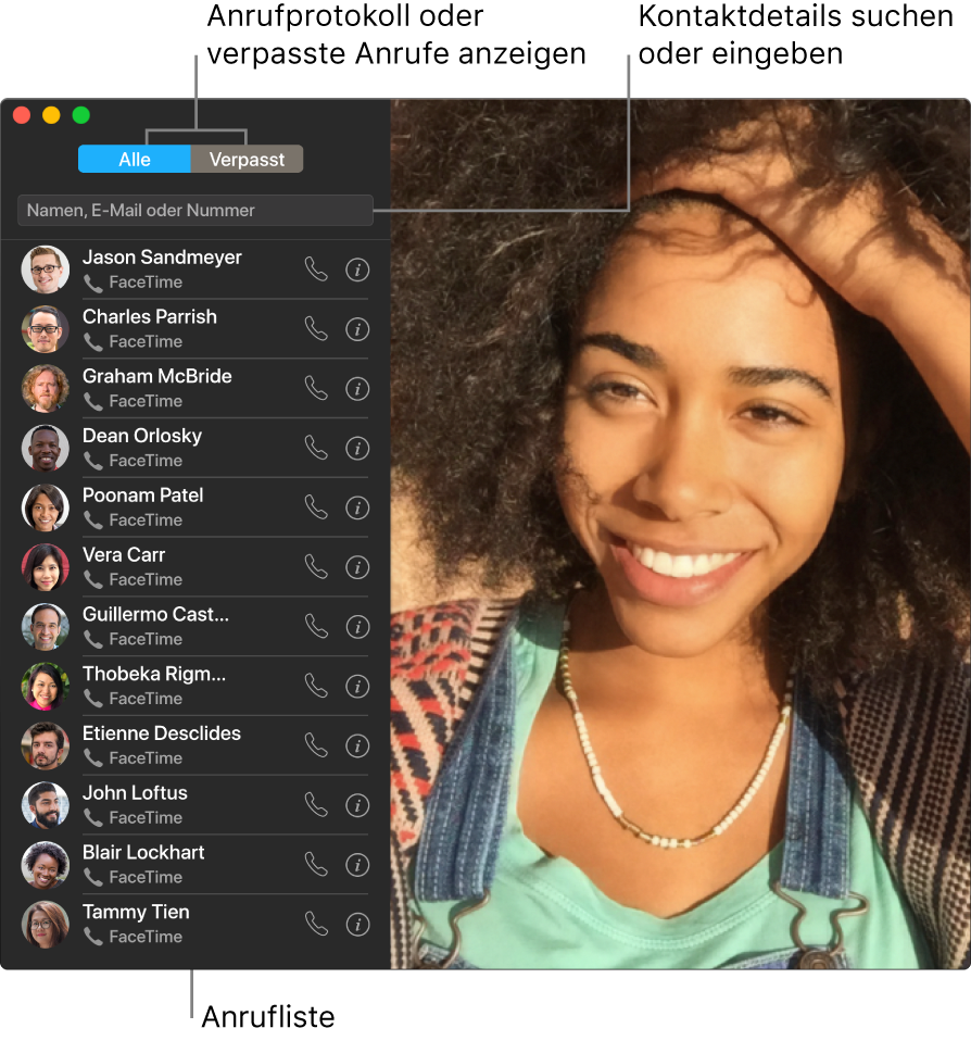 Ein FaceTime-Fenster mit der Option für Video- oder Audioanrufe, mit dem Suchfeld für die Eingabe oder Suche nach Kontaktinfos und einer Liste der letzten Anrufe