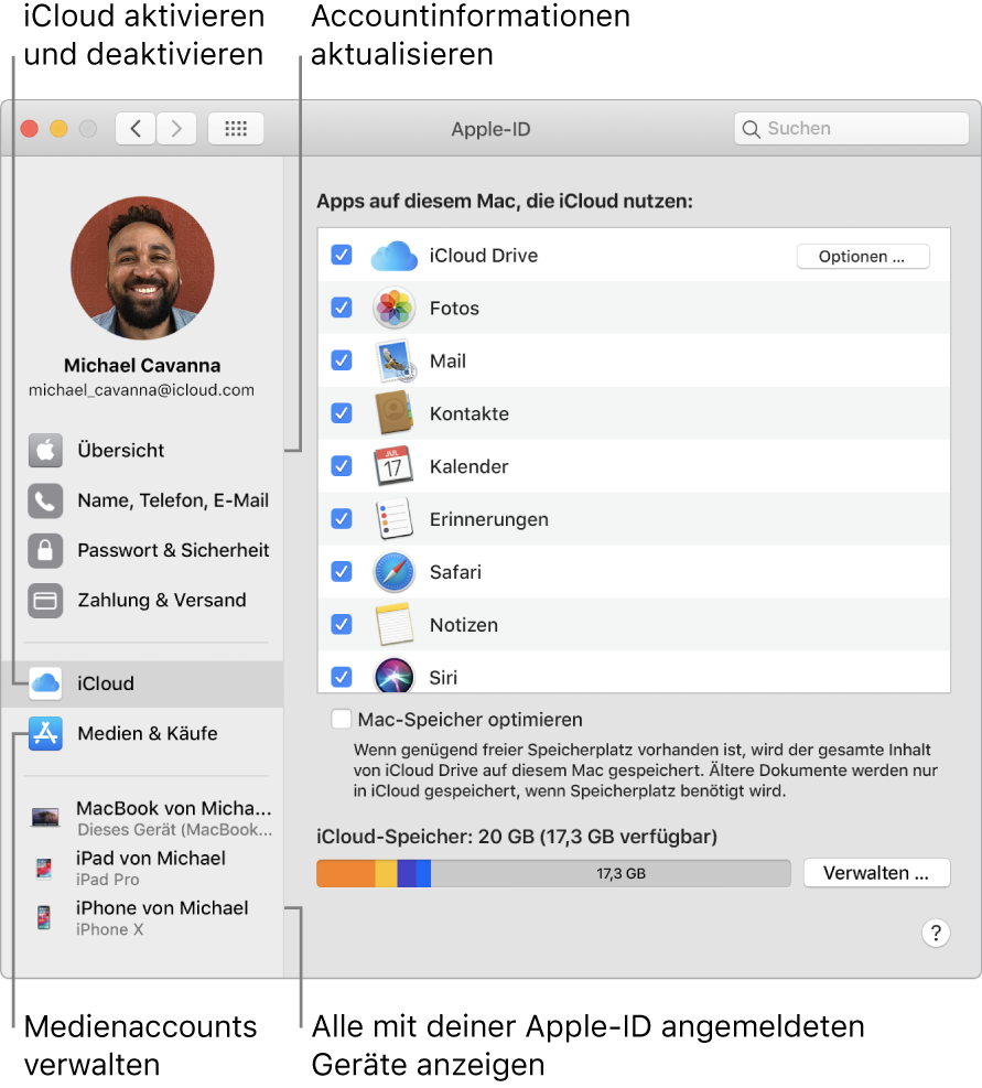 Der Bereich „Apple-ID“ der Systemeinstellungen. Klicke auf ein Objekt in der Seitenleiste, um deine Accountinformationen zu aktualisieren, iCloud zu aktivieren oder zu deaktivieren, Medienaccounts zu verwalten oder alle mit deiner Apple-ID angemeldeten Geräte anzuzeigen.