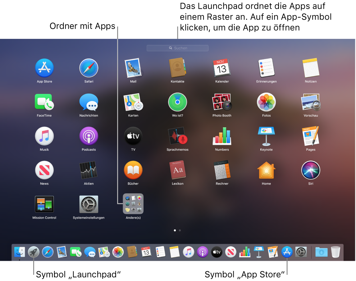 Ein Mac-Bildschirm mit geöffnetem Launchpad, mit einem Ordner mit Apps im Launchpad und dem Launchpad-Symbol und Mac App Store-Symbol im Dock