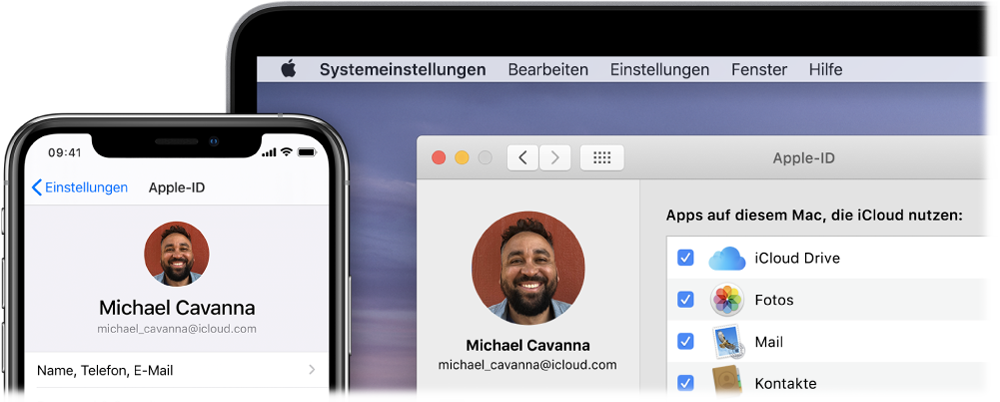 Ein iPhone, auf dem die iCloud-Einstellungen zu sehen sind, und ein Mac-Bildschirm mit dem iCloud-Fenster