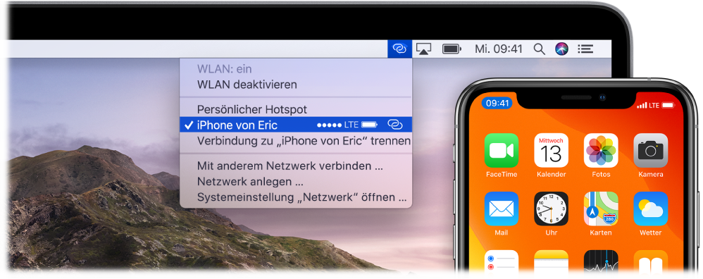 Der Mac-Bildschirm mit dem WLAN-Menü, in dem ein mit dem iPhone verbundener persönlicher Hotspot zu sehen ist