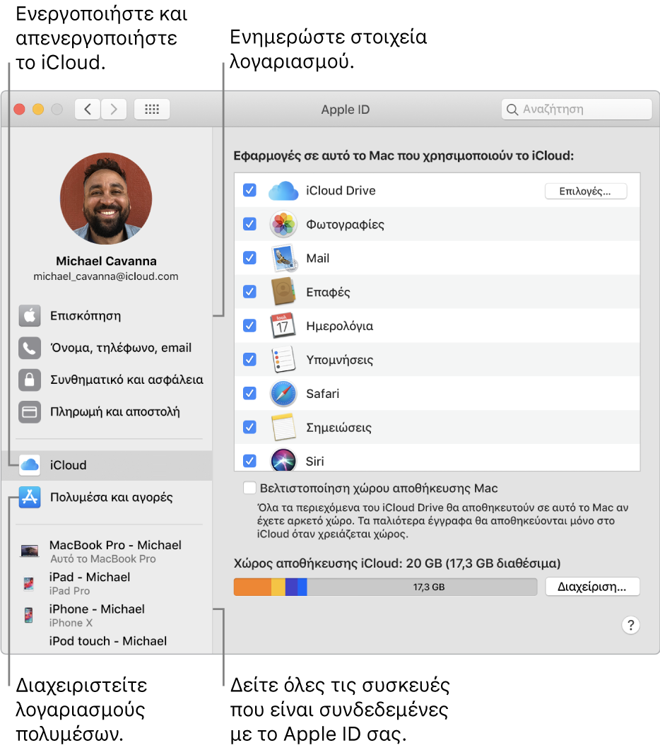 Το τμήμα Apple ID στις Προτιμήσεις συστήματος. Κάντε κλικ σε ένα στοιχείο στην πλαϊνή στήλη για ενημέρωση των στοιχείων του λογαριασμού σας, ενεργοποίηση ή απενεργοποίηση του iCloud, διαχείριση λογαριασμών πολυμέσων, ή για εμφάνιση όλων των συσκευών που έχουν συνδεθεί με το Apple ID σας.