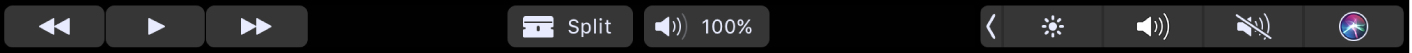 The iMovie Touch Bar when a clip is playing. There are buttons for rewind, play, fast-forward, split, and volume.