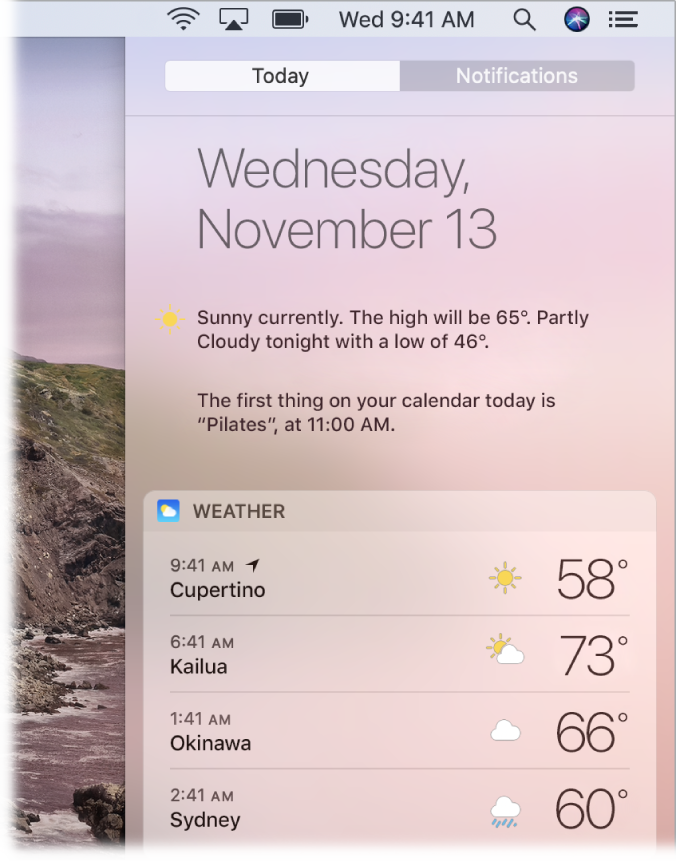 A partial desktop screen showing Notification Center open with the Today tab selected.