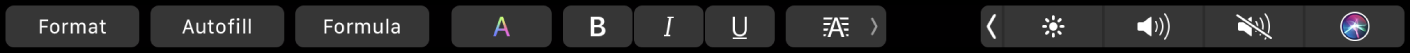 The Numbers Touch Bar with buttons for Format, Autofill, and Formula. There are also text formatting buttons for color, bold, italics, underline, and alignment.