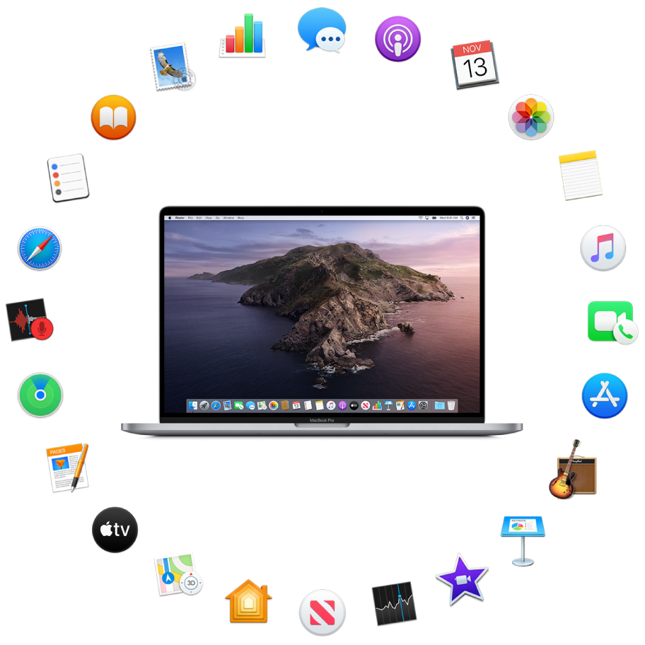 A MacBook Pro surrounded by the icons for the built-in apps described in the following sections.