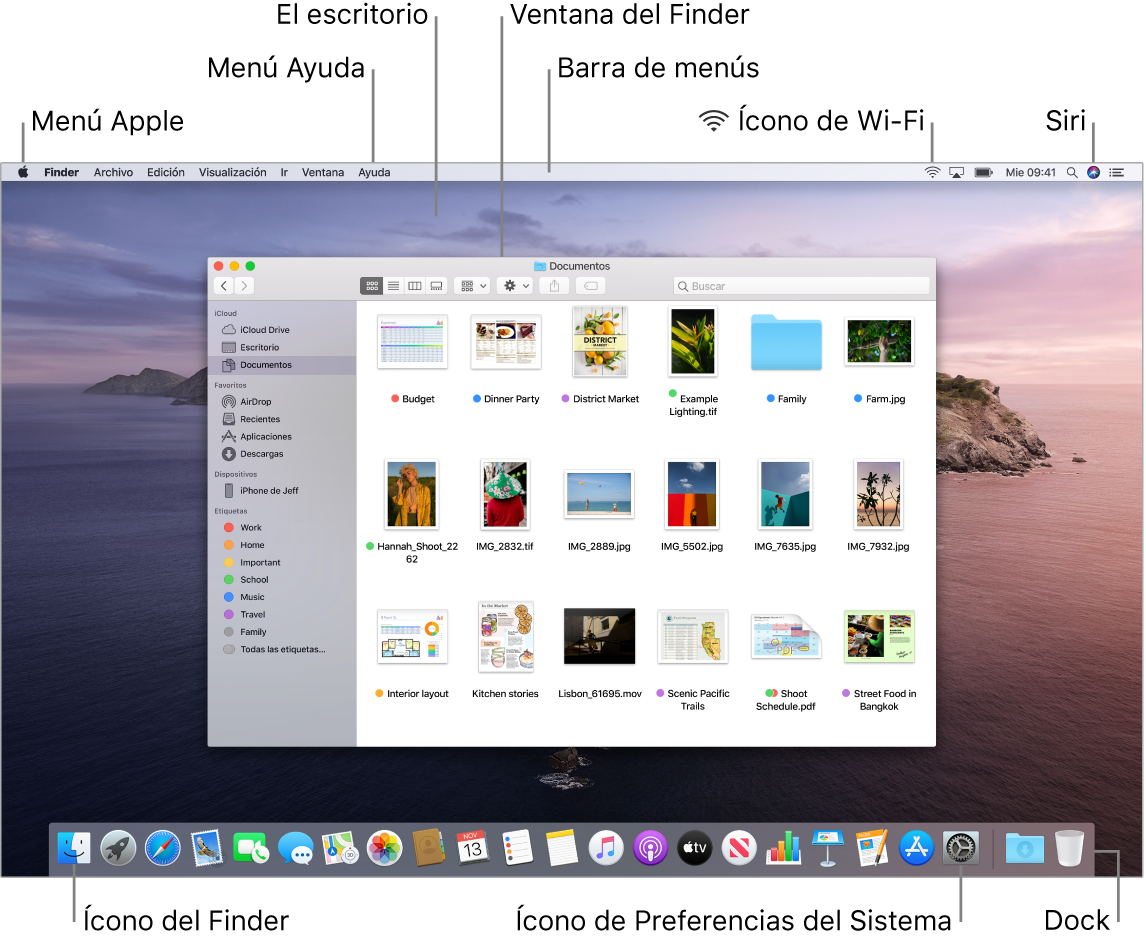 La pantalla de una Mac mostrando el menú Apple, el escritorio, el menú Ayuda, una ventana del Finder, la barra de menús, el ícono de Wi-Fi, el ícono de Pedirle a Siri, el ícono del Finder, el ícono de Preferencias del Sistema y el Dock.