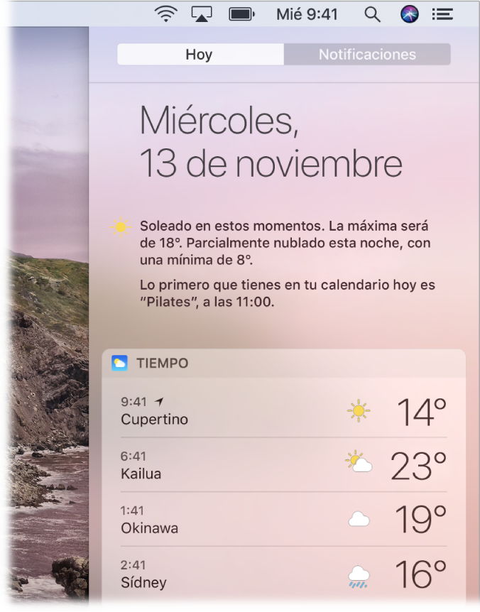 Vista parcial de la pantalla del escritorio en la que se muestra el centro de notificaciones abierto con la pestaña Hoy seleccionada.