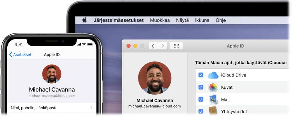 iPhone, jossa näkyy iCloud-asetukset, ja Macin näyttö, jossa näkyy iCloud-ikkuna.