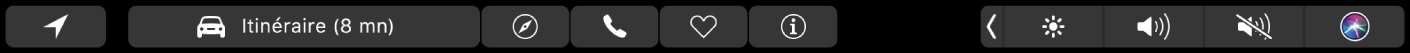 Touch Bar de Plans indiquant comment toucher Itinéraire afin d’obtenir des directions ou toucher les boutons correspondant à Safari, aux appels, aux favoris et aux informations.