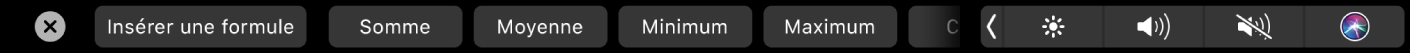 Touch Bar de Numbers affichant les boutons de formule. Cela comprend les options suivantes : Somme, Moyenne, Minimum, Maximum et Compte.