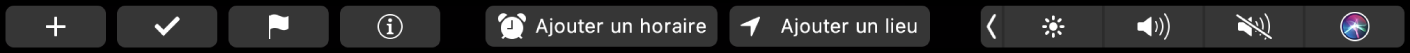 Touch Bar Rappels avec des boutons pour un nouveau rappel, cocher, marquer d’un drapeau, obtenir des infos, Ajouter un horaire et Ajouter un lieu.