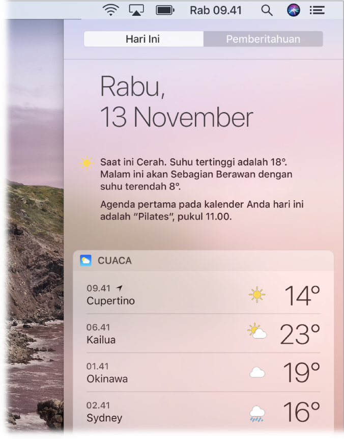 Layar desktop terpisah menampilkan Pusat Pemberitahuan dibuka dengan tab Hari Ini dipilih.