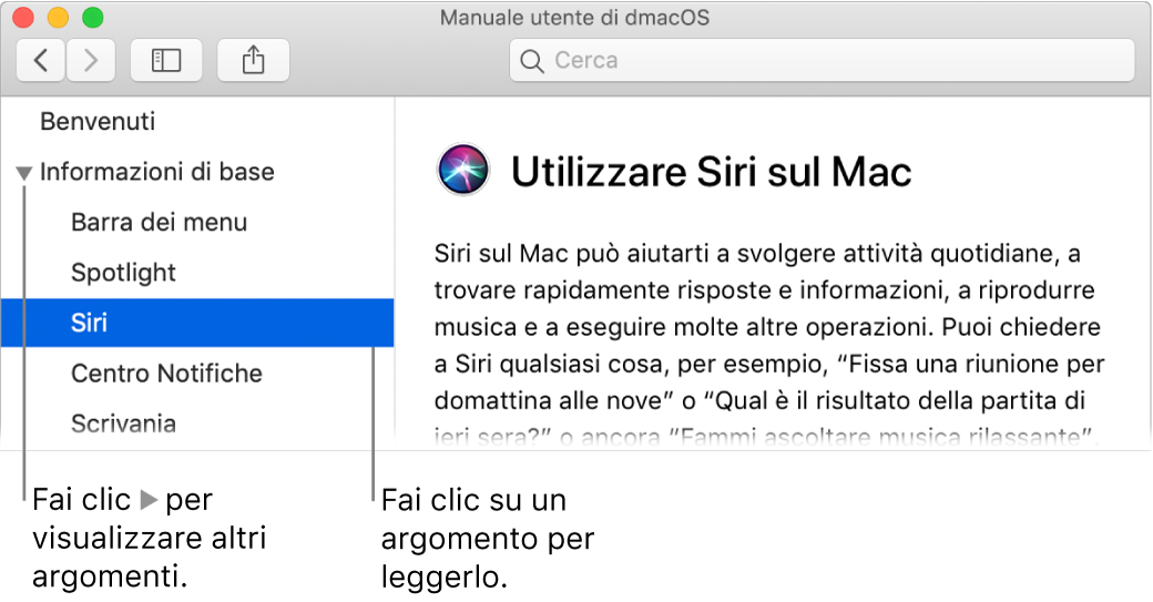 Visore di Aiuto che mostra come visualizzare gli argomenti elencati nella barra laterale e il contenuto di un argomento.