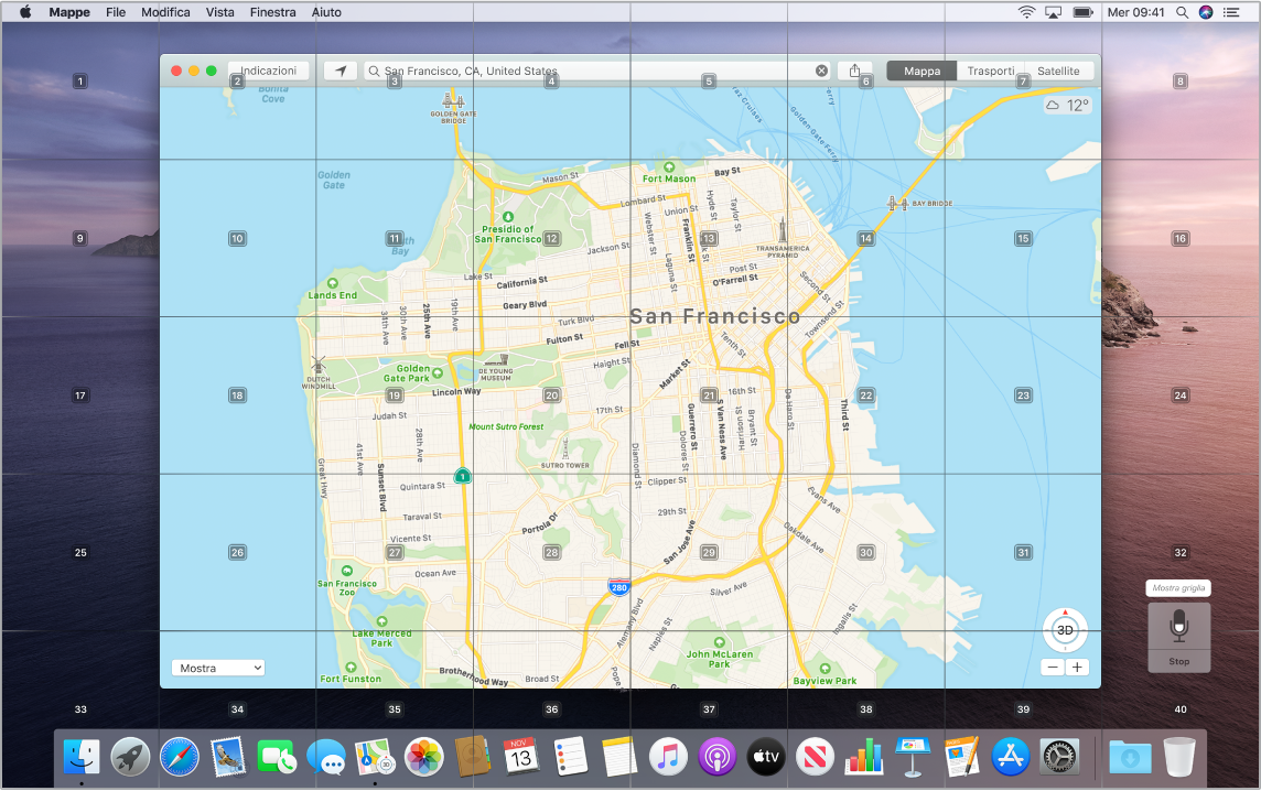 L'app Mappe aperta sulla scrivania con la griglia in sovrapposizione.