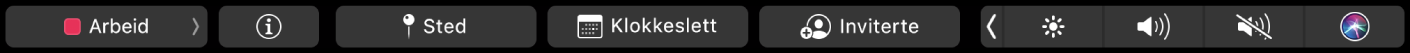 Touch Bar for Kalender med knapper for å velge kalender, se informasjon om hendelsen, redigere sted, redigere tidspunkt og legge til inviterte.