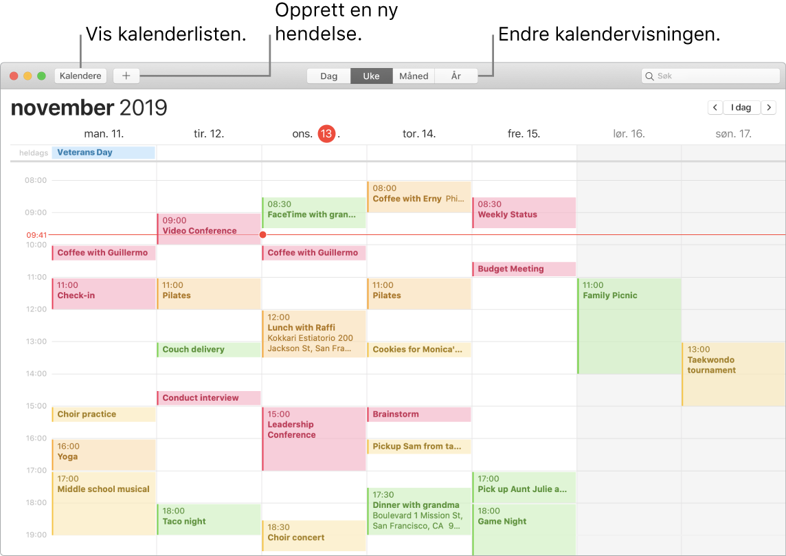 Et Kalender-vindu som viser hvordan du oppretter en hendelse, viser kalenderlisten og velger dag-, ukes-, måneds- eller årsvisning.