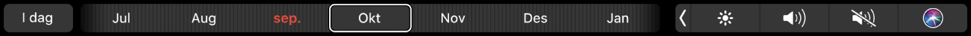 Touch Bar for Kalender med I dag-knappen og en skyveknapp for å velge en måned.