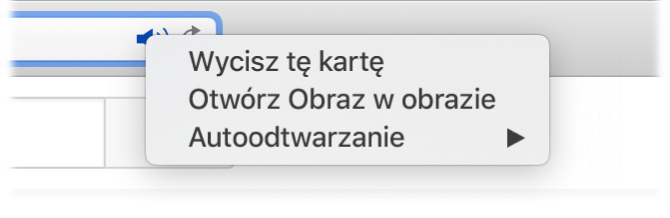 Menu podręczne ikony audio, zawierające polecenia Wycisz tę kartę, Otwórz obraz w obrazie oraz Autoodtwarzanie.