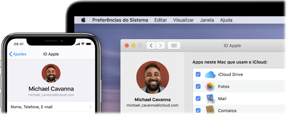 Um iPhone mostrando os ajustes do iCloud e a tela de um Mac mostrando a janela do iCloud.