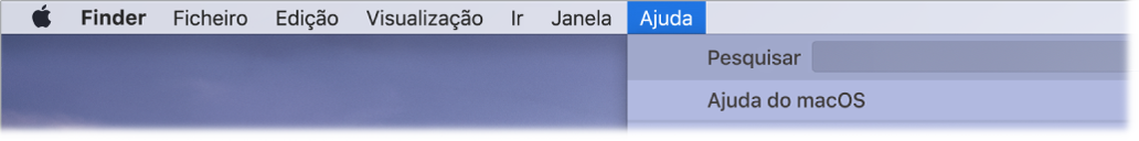 Parte da secretária visível, com o menu Ajuda aberto, a mostrar as opções de menu Pesquisar e Ajuda do macOS.