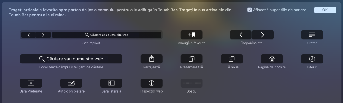 Opțiunile de personalizare Safari ce pot fi trase pe Touch Bar.