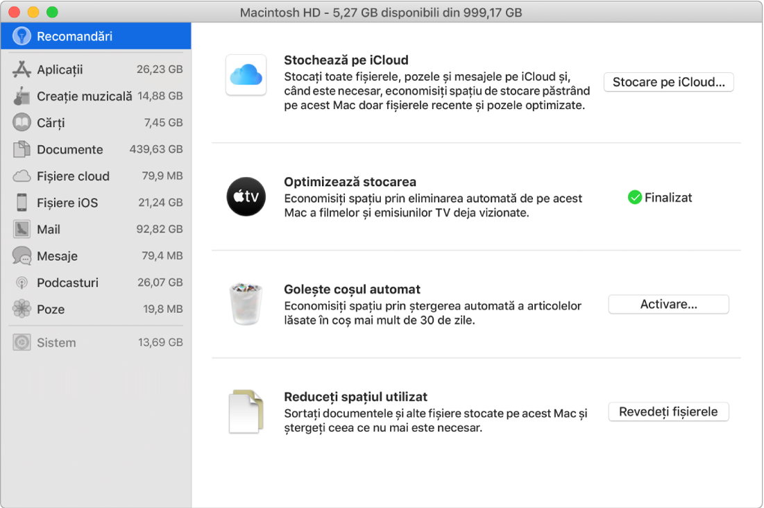 Preferințele Recomandări pentru stocare, afișând opțiunile Stocare pe iCloud, Optimizează stocarea, Golește automat coșul și Reduceți spațiul utilizat.