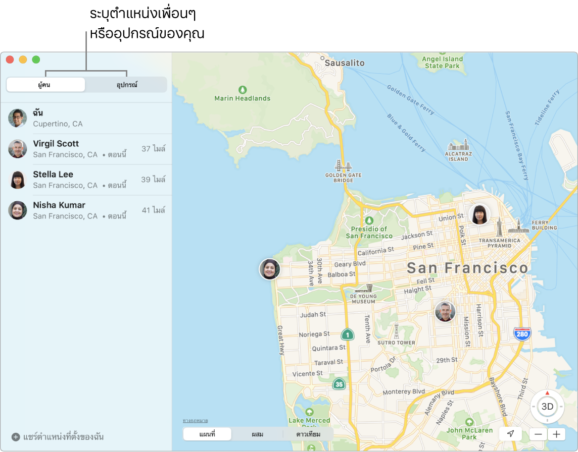 คุณสามารถระบุตำแหน่งของเพื่อนๆ หรืออุปกรณ์ของคุณได้โดยคลิกที่แถบผู้คนหรืออุปกรณ์ แผนที่ของซานฟรานซิสโกพร้อมกับตำแหน่งที่ตั้งของเพื่อนๆ สามคน: Virgil Scott, Stella Lee และ Nisha Kumar