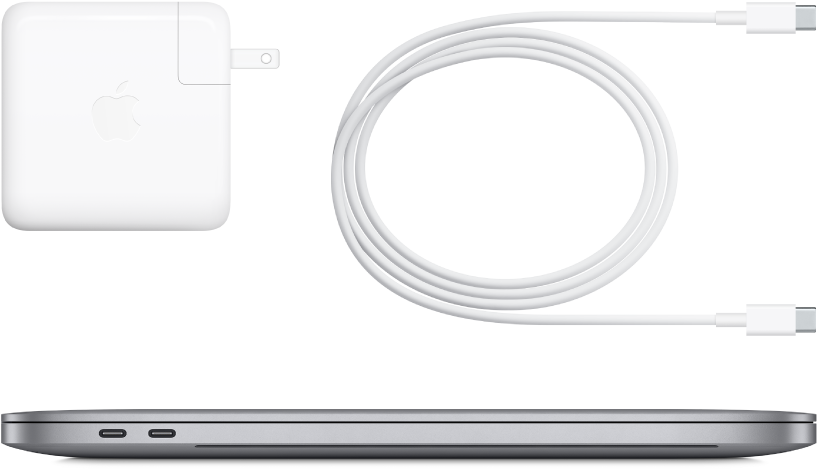 มุมมองด้านข้างของ MacBook Pro รุ่น 16 นิ้ว และอุปกรณ์เสริมที่มาพร้อมเครื่อง