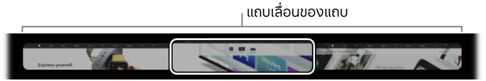 แถบเลื่อนแถบใน Touch Bar จะแสดงตัวอย่างแถบแต่ละแถบที่เปิดไว้