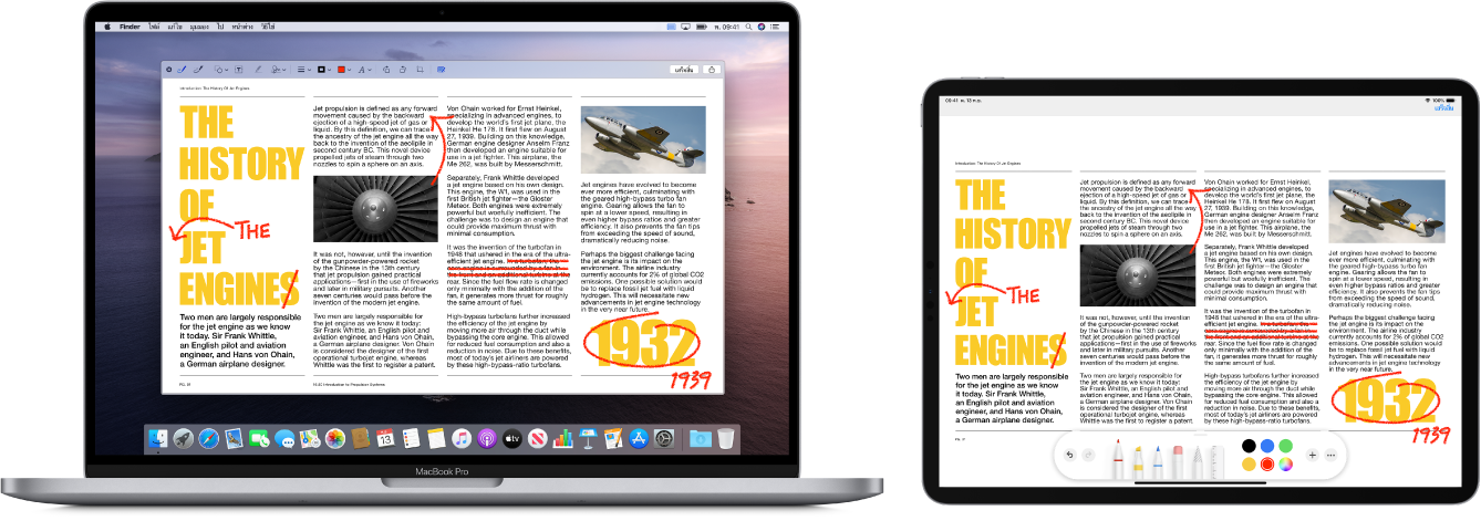 MacBook Pro และ iPad ตั้งอยู่ข้างกัน จอภาพทั้งสองแสดงบทความที่เต็มไปด้วยการแก้ไขที่เป็นเส้นขยุกขยิกสีแดง เช่น ประโยคที่ถูกขีดฆ่า ลูกศร และคำที่ถูกเพิ่ม นอกจากนี้ iPad ยังมีตัวควบคุมการทำเครื่องหมายอยู่ที่ด้านล่างสุดของหน้าจอด้วย