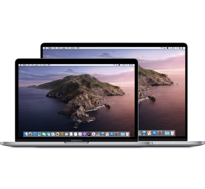 คอมพิวเตอร์ MacBook Pro รุ่น 13 นิ้วอยู่ด้านหน้า MacBook Pro รุ่น 16 นิ้ว